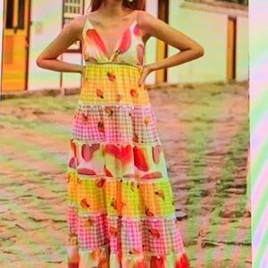 FARM Rio Multicolor Floral Gingham Maxi Dress
